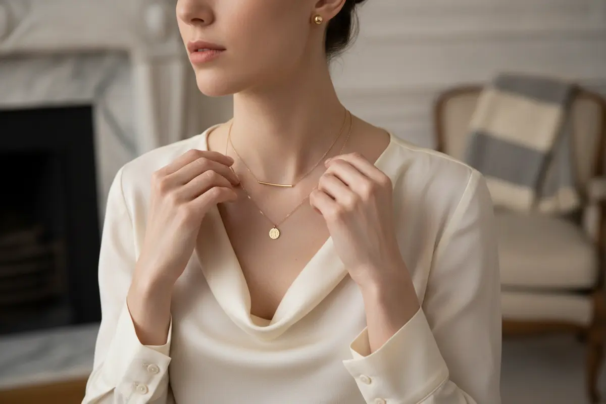 Fine gold necklaces layered at two lengths with understated gold earrings