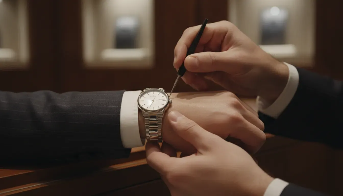 Jeweler checking the fit of a luxury watch on a customer's wrist