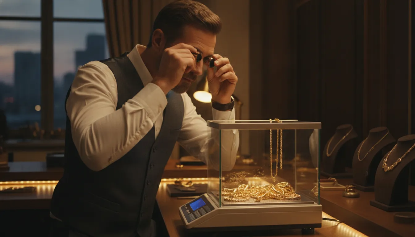 Professional jeweler evaluating gold jewelry using a precision scale