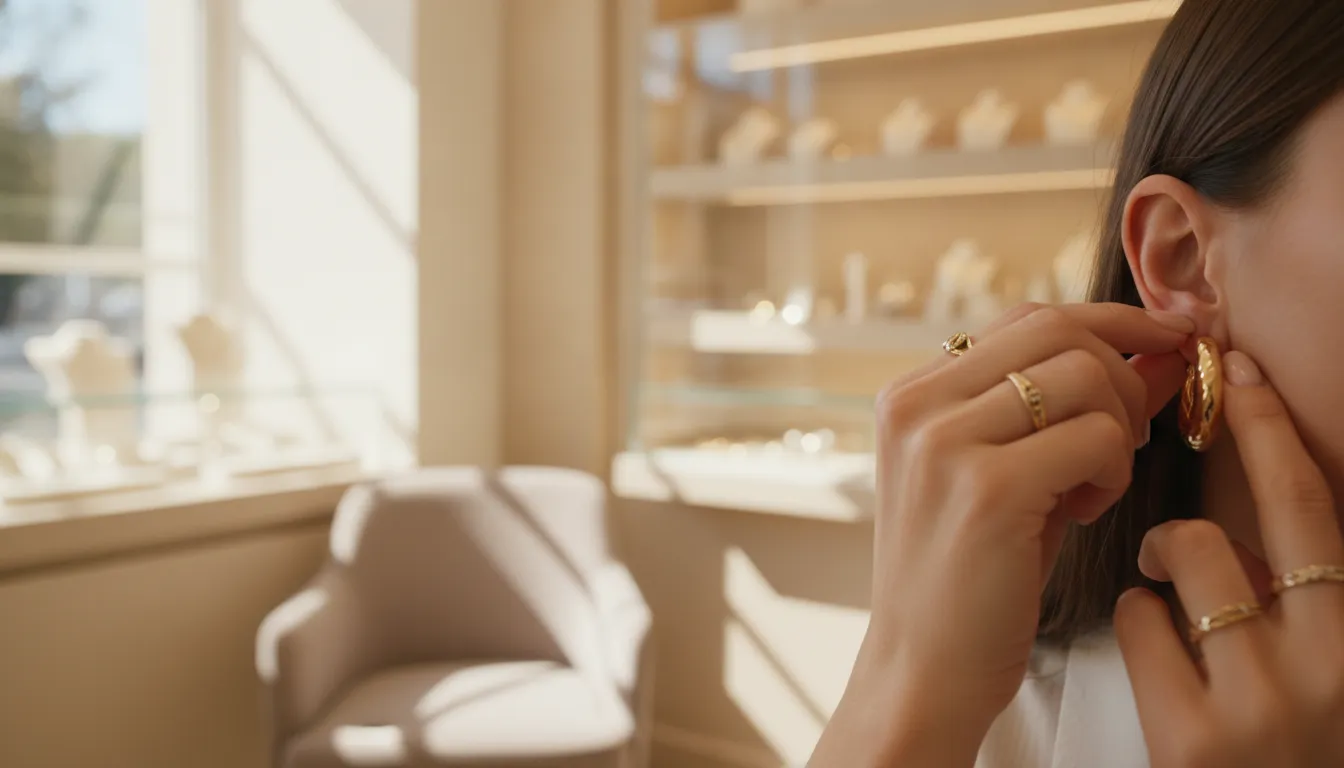 Gold hoop earrings being checked for fit and everyday comfort