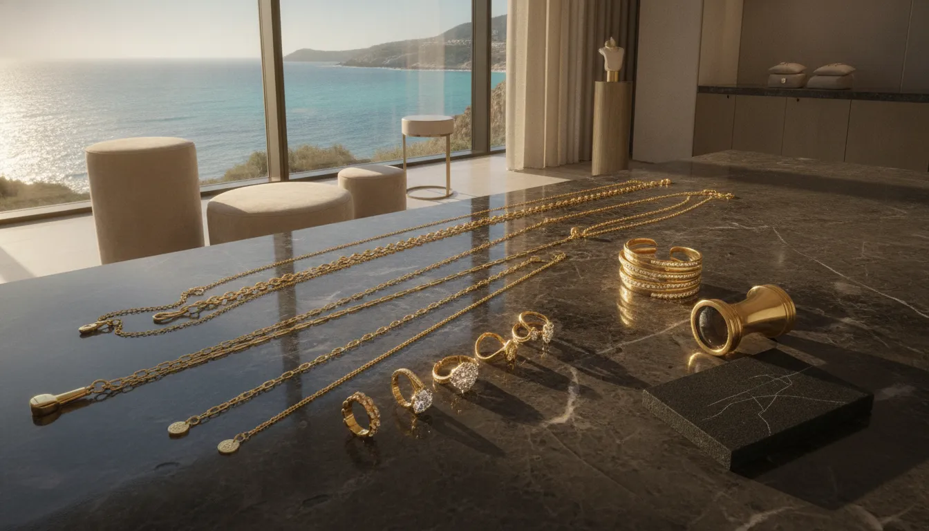 Gold jewelry prepared for an in-person evaluation