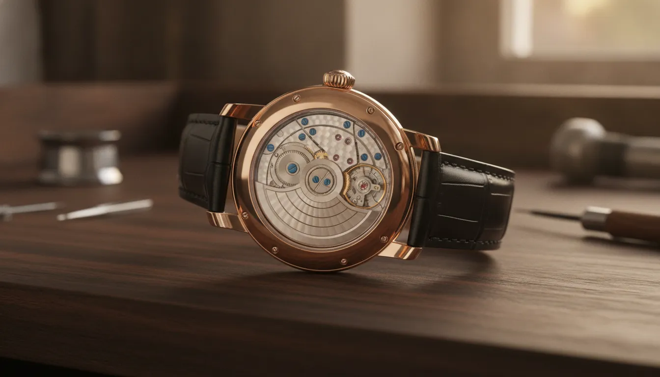 Close view of an automatic watch movement and rotor