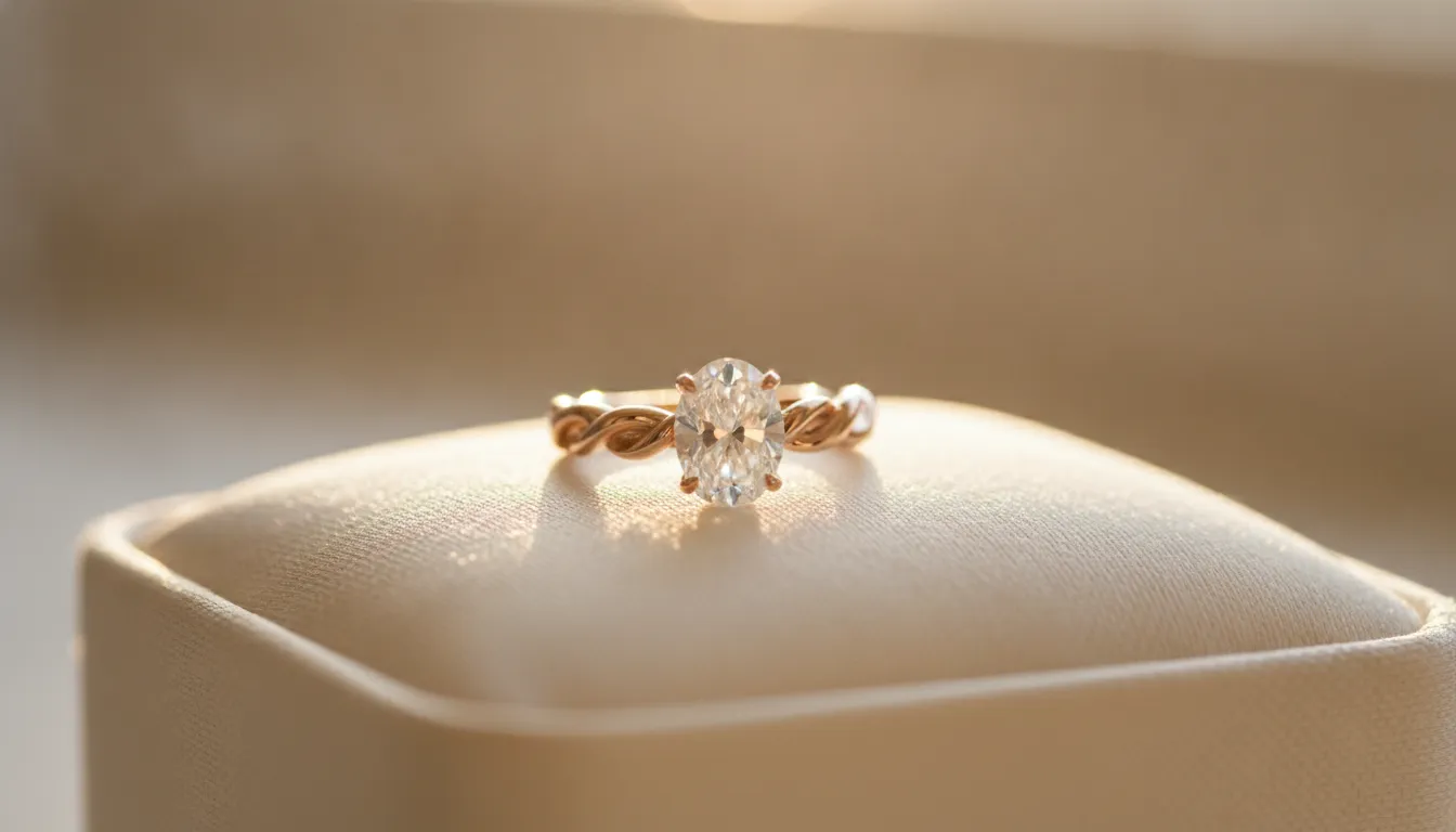 Rose gold twisted engagement ring with a sparkling center stone