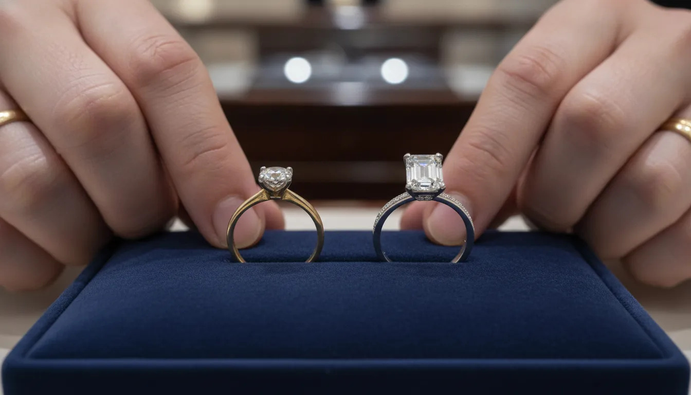 Upgrade engagement ring before and after comparison of an original and refined ring design