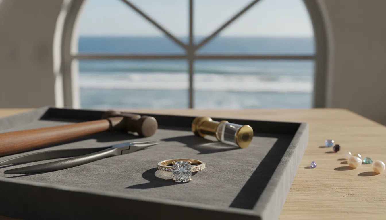 Jewelry designer reviewing an old wedding ring for a custom redesign
