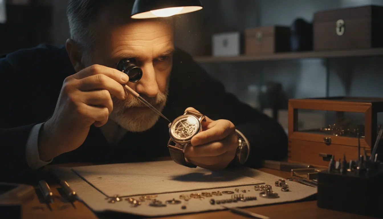 Swiss-trained watchmaker inspecting the movement and case of a pre-owned luxury watch with a loupe