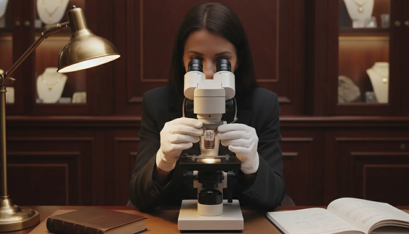 GIA-trained gemologist examining a diamond ring under magnification in a professional appraisal setting
