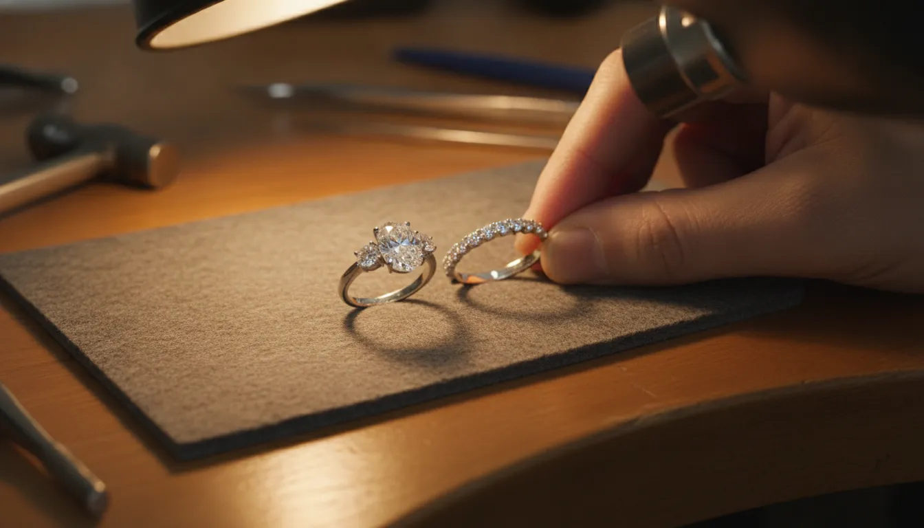 Jeweler comparing a trilogy engagement ring with diamond wedding band for fit