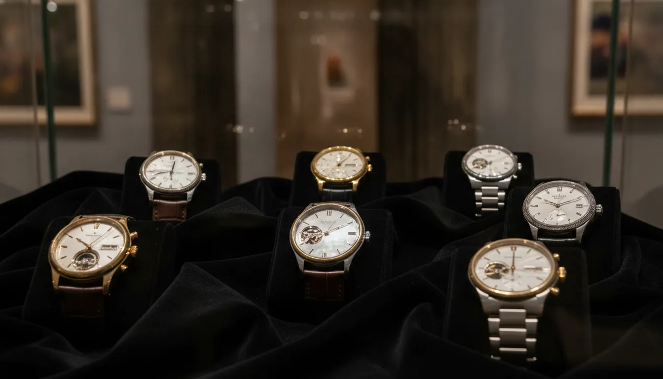 Assorted pre-owned luxury watches from Omega, Cartier, Breitling, and TAG Heuer displayed on dark velvet