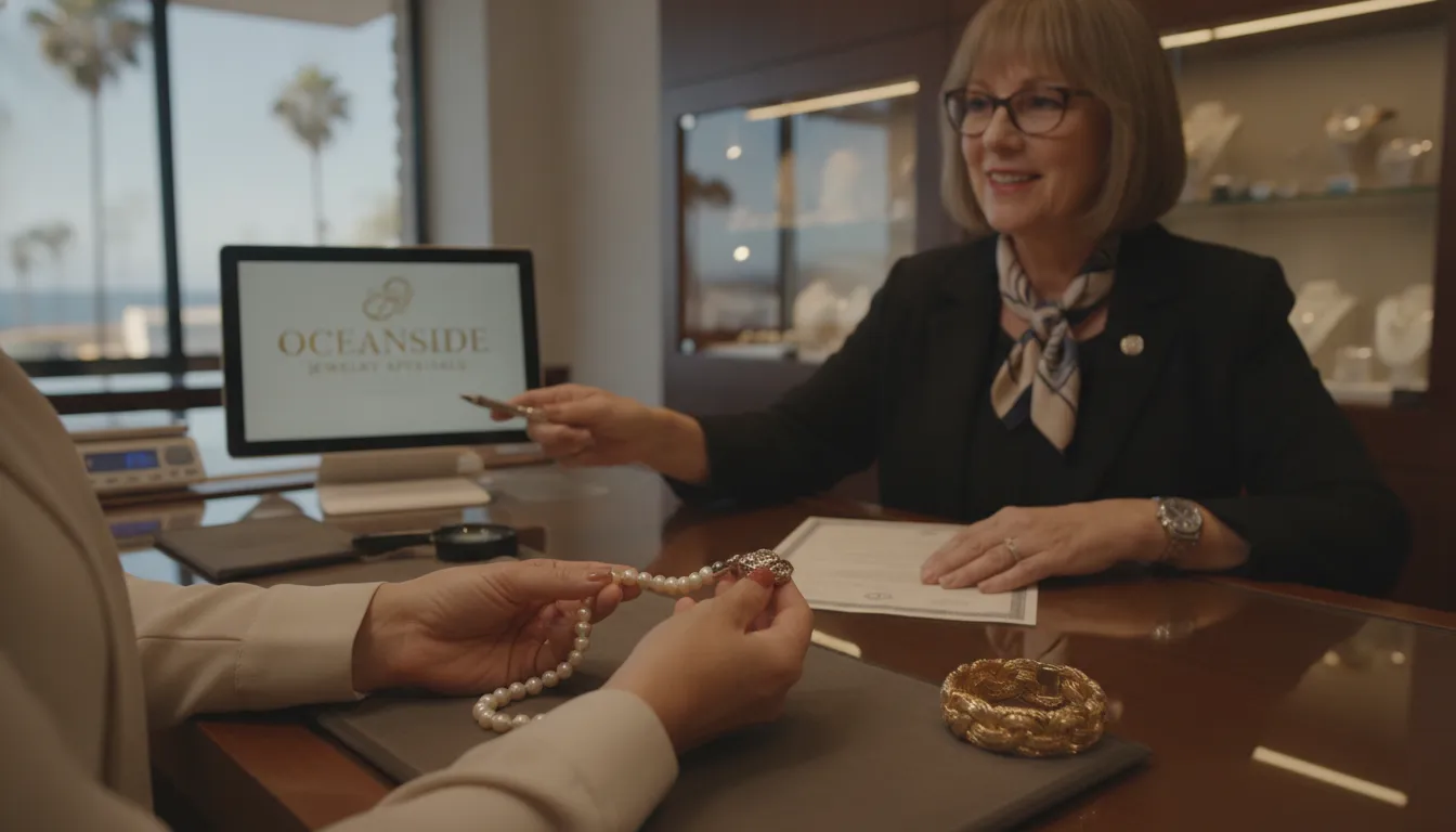 Customer reviewing a jewelry appraisal document with a jeweler at an Oceanside showroom counter