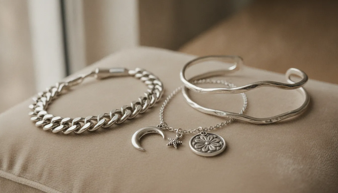 Sterling silver bracelets in chain, cuff, and charm styles