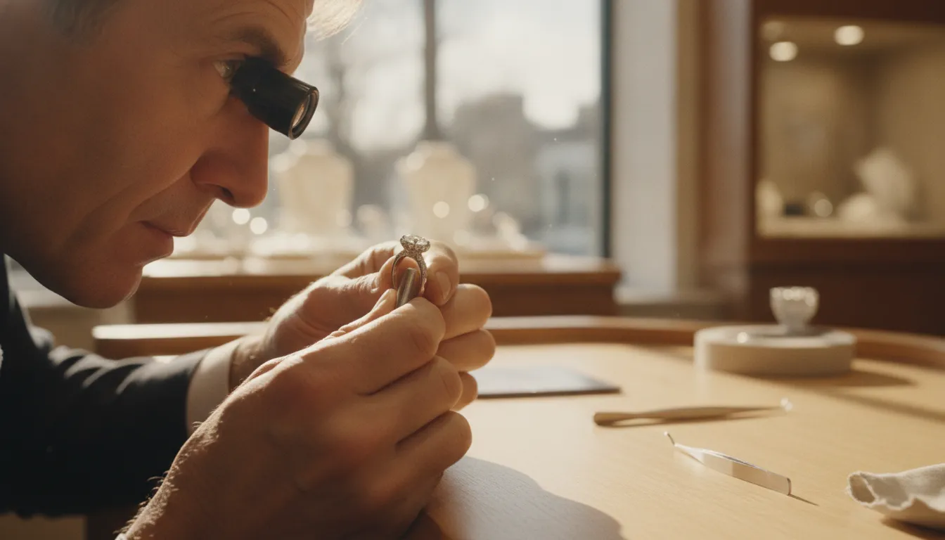 Jeweler examining an engagement ring diamond and setting during evaluation
