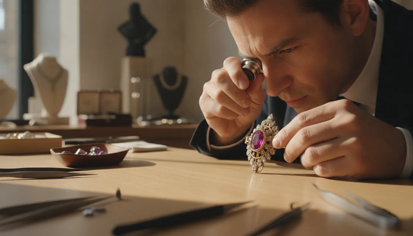 Jeweler inspecting the setting and condition of vintage jewelry