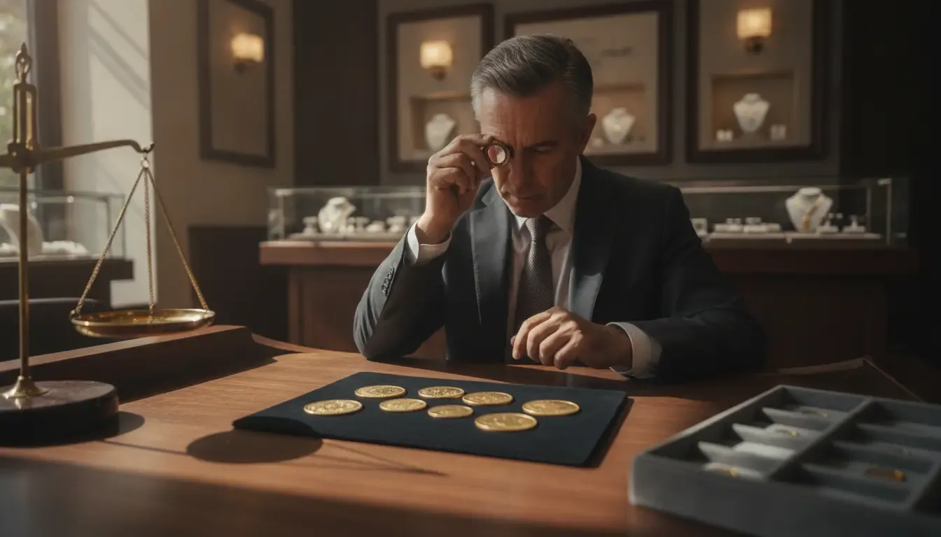 Jeweler examining gold coins with a loupe during a local evaluation
