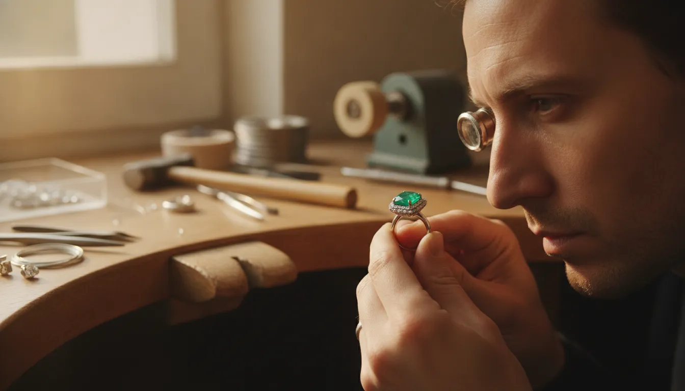 Jewelry artisan examining an emerald ring for care and setting security