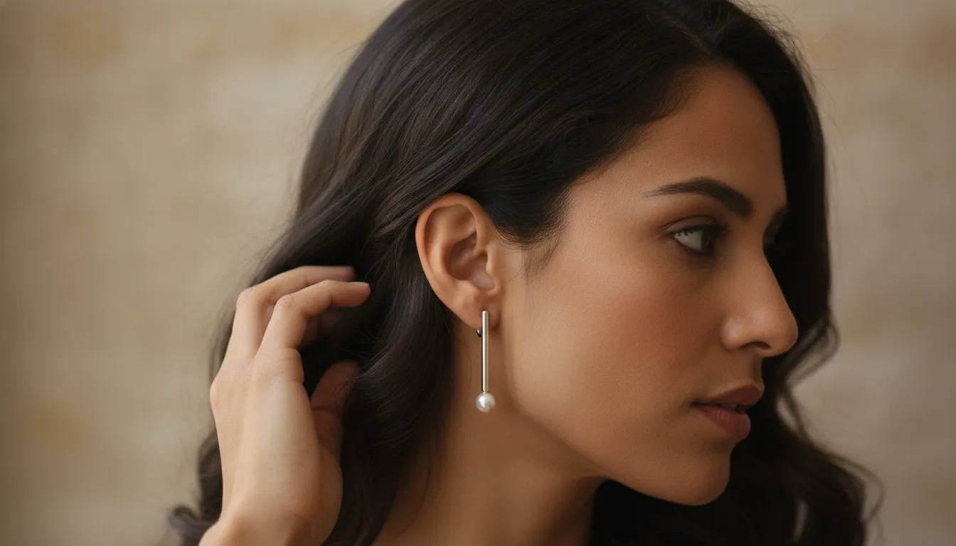 A woman wearing sterling silver drop earrings in natural light