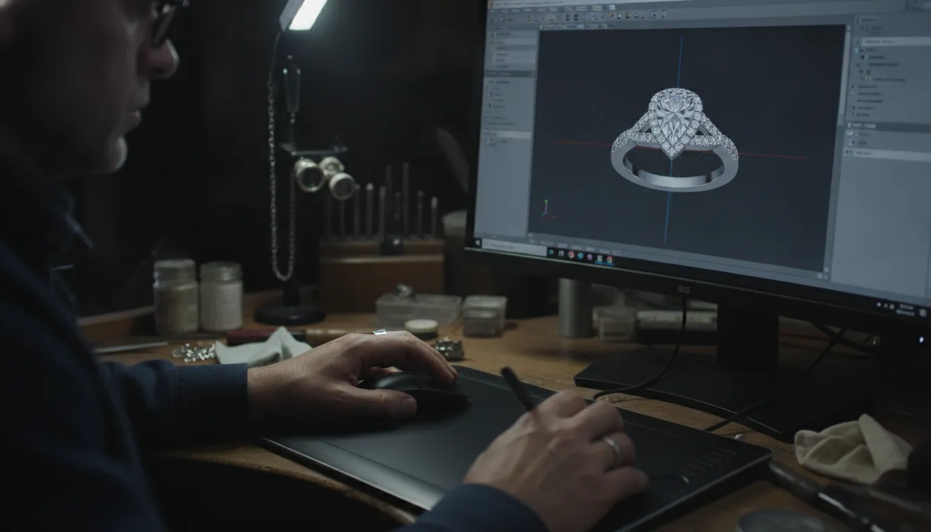 Jeweler working on CAD model of custom engagement ring on computer screen at Kravit Jewelers workshop