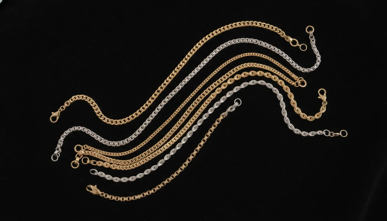 Gold and silver necklace chain types including cable, curb, Figaro, rope, and box chains displayed as a flat lay on dark velvet