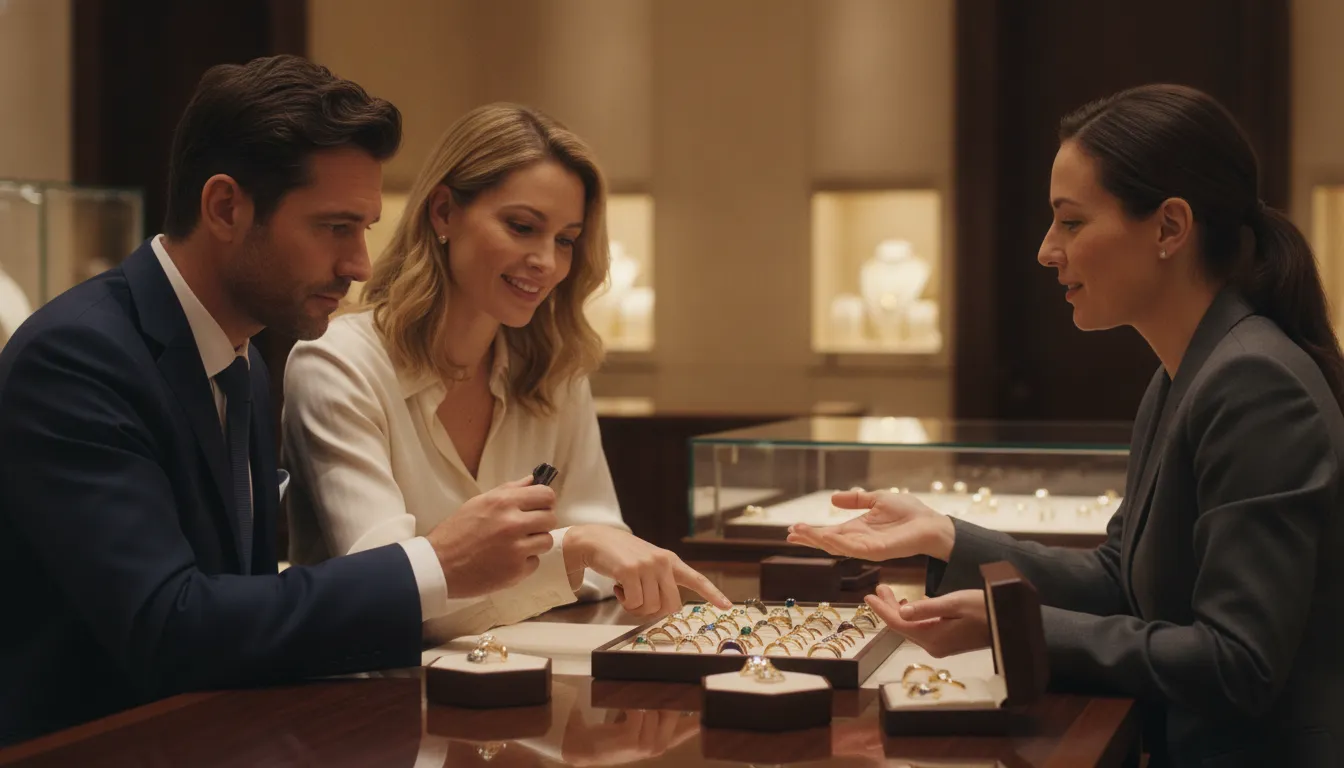 Couple reviewing gold and gemstone anniversary rings with a jeweler at a Kravit showroom