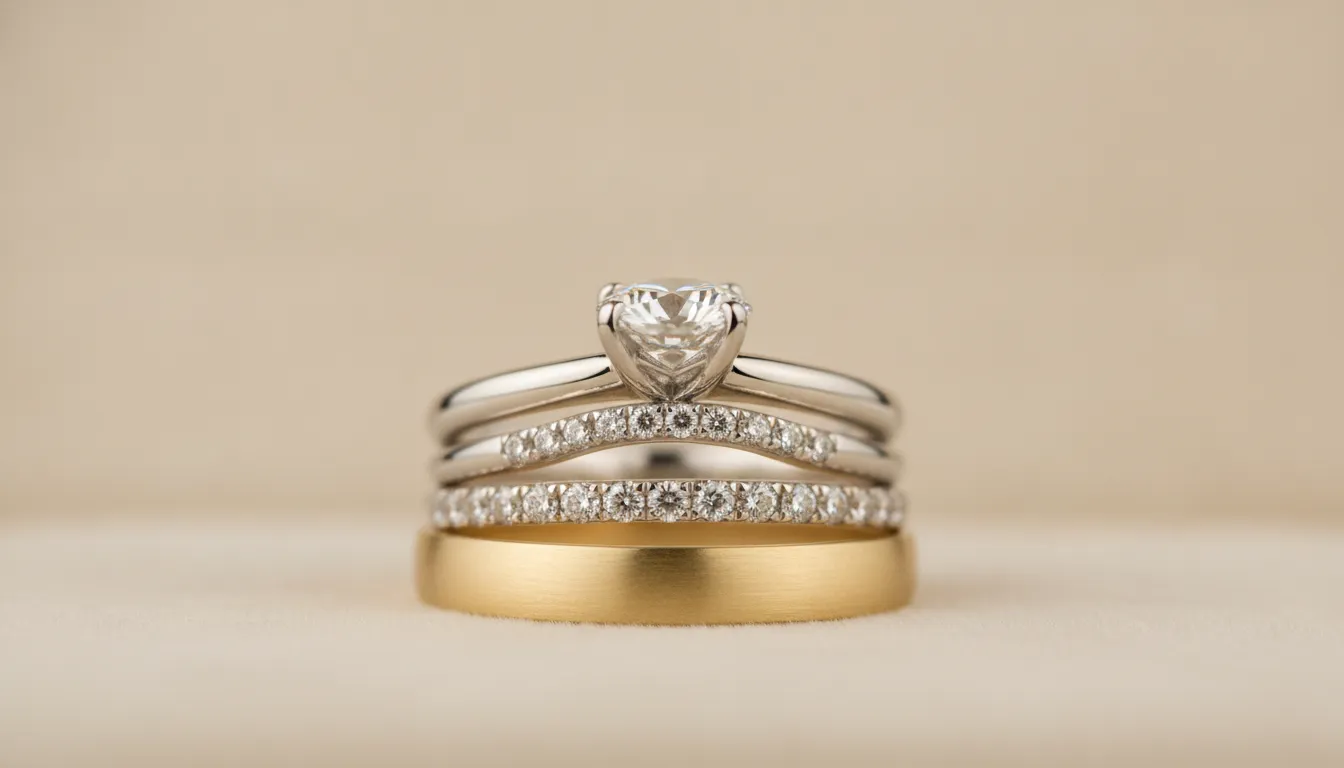 Contour wedding band fitting beneath a diamond engagement ring