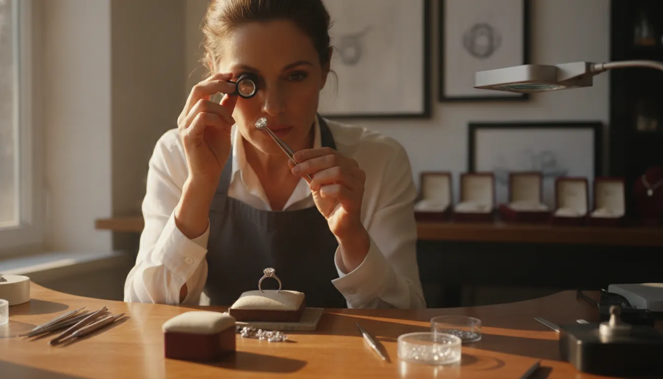 Jeweler inspecting a fine diamond ring at a local workbench