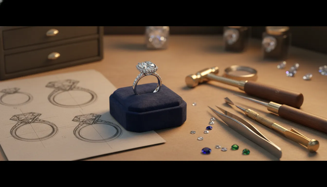 Custom engagement ring beside design sketches and jeweler tools