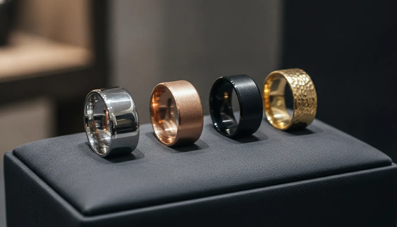 Mens wedding bands with polished, brushed, matte, and hammered finishes