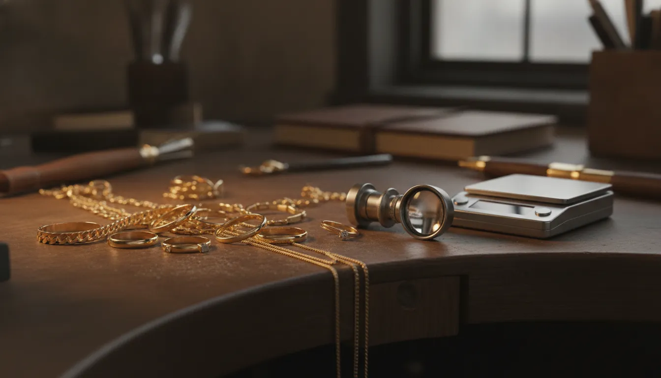Jeweler examining 14K gold jewelry for evaluation
