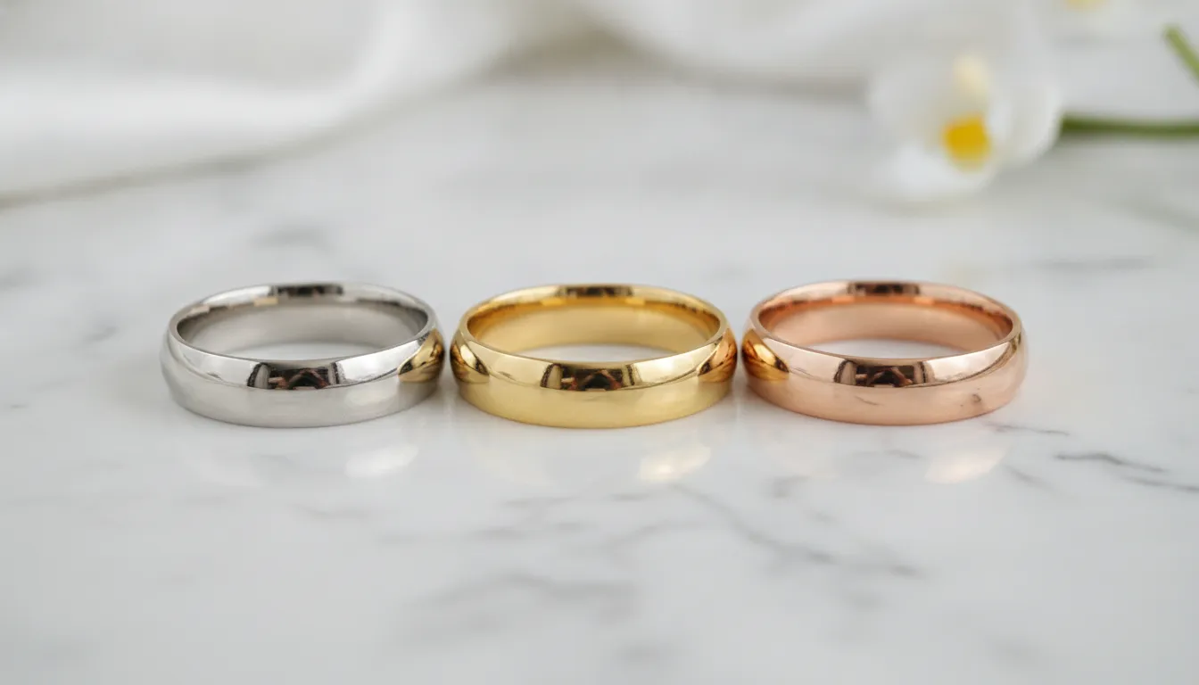 Three gold wedding bands in yellow gold, white gold, and rose gold side by side on marble