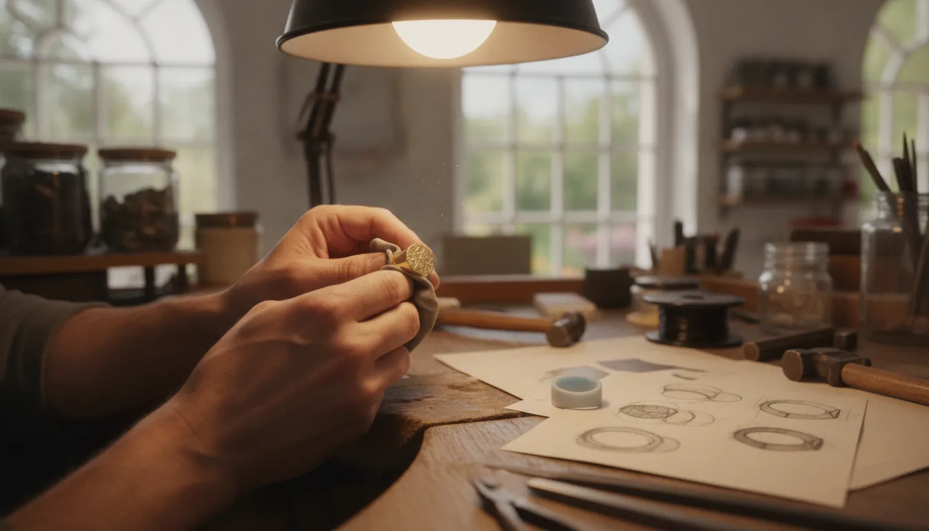 Jewelry artisan finishing a bespoke gold ring at a craftsman's workbench with a wax prototype nearby