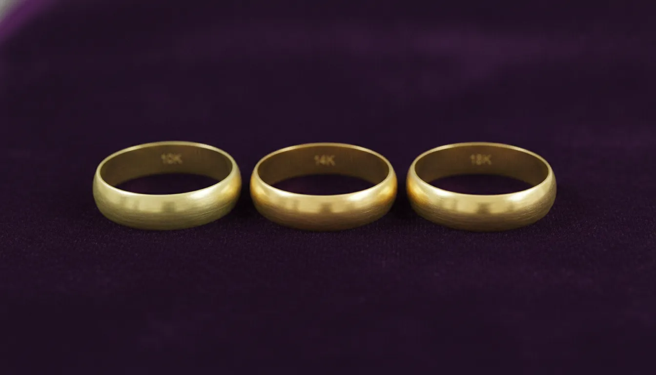 Side by side comparison of 10K, 14K, and 18K gold jewelry rings showing color differences by purity level