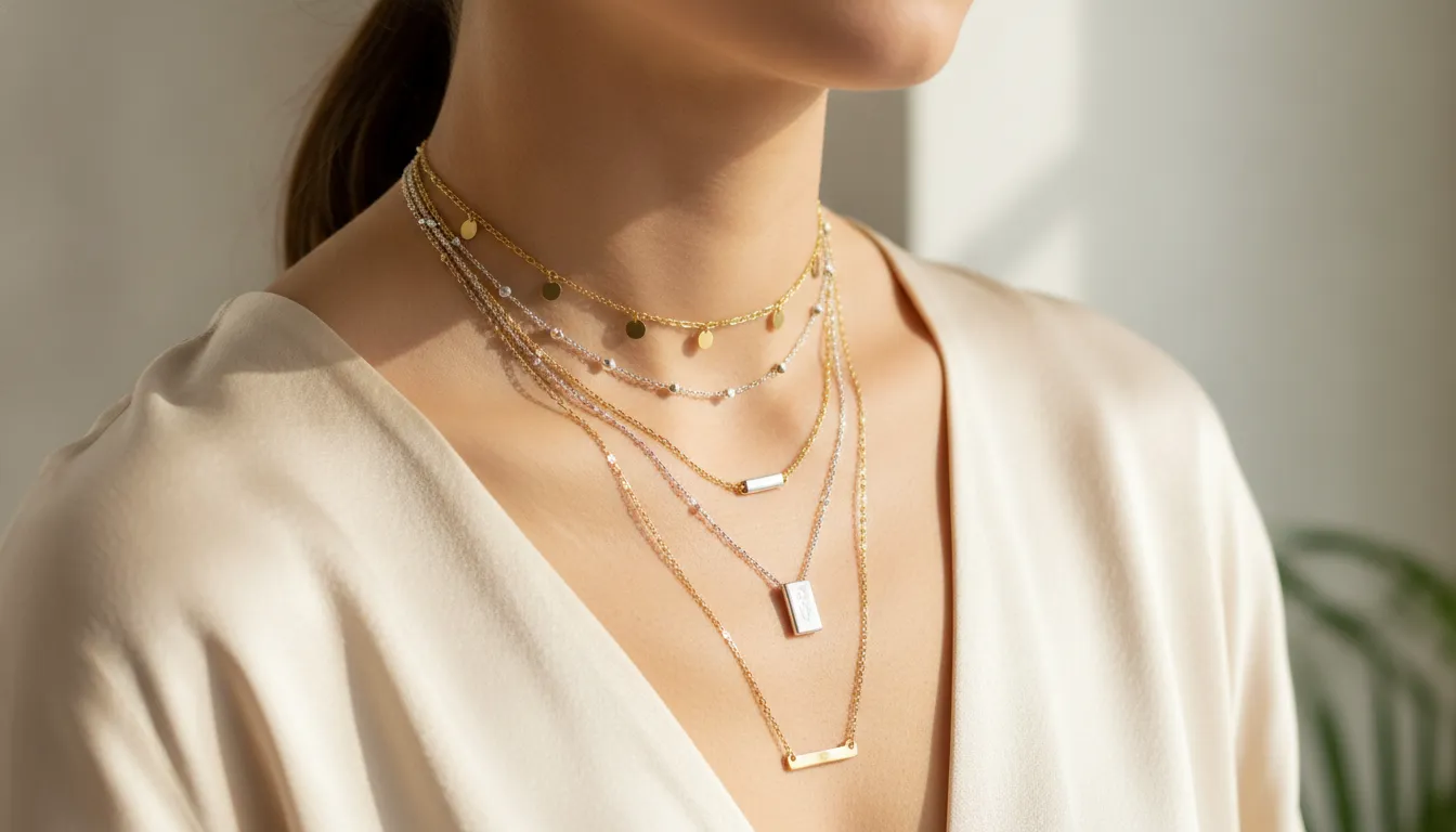 Woman wearing layered gold and silver necklace chains of different lengths for an elegant layered jewelry look