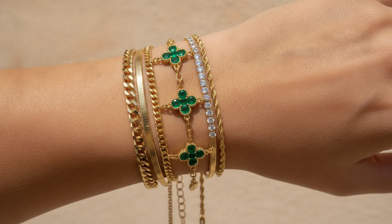 Layered gold bracelet stack on a wrist featuring emerald clover station bracelet, diamond station bracelet, and mixed gold chains