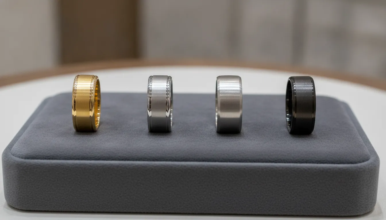 Gold, platinum, and alternative metal mens wedding bands on a jewelry tray