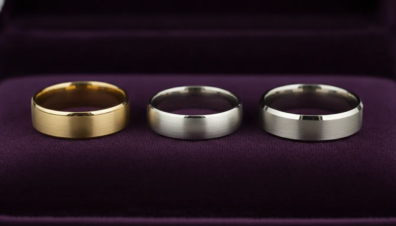 Men's wedding bands in yellow gold, white gold, and platinum displayed side by side