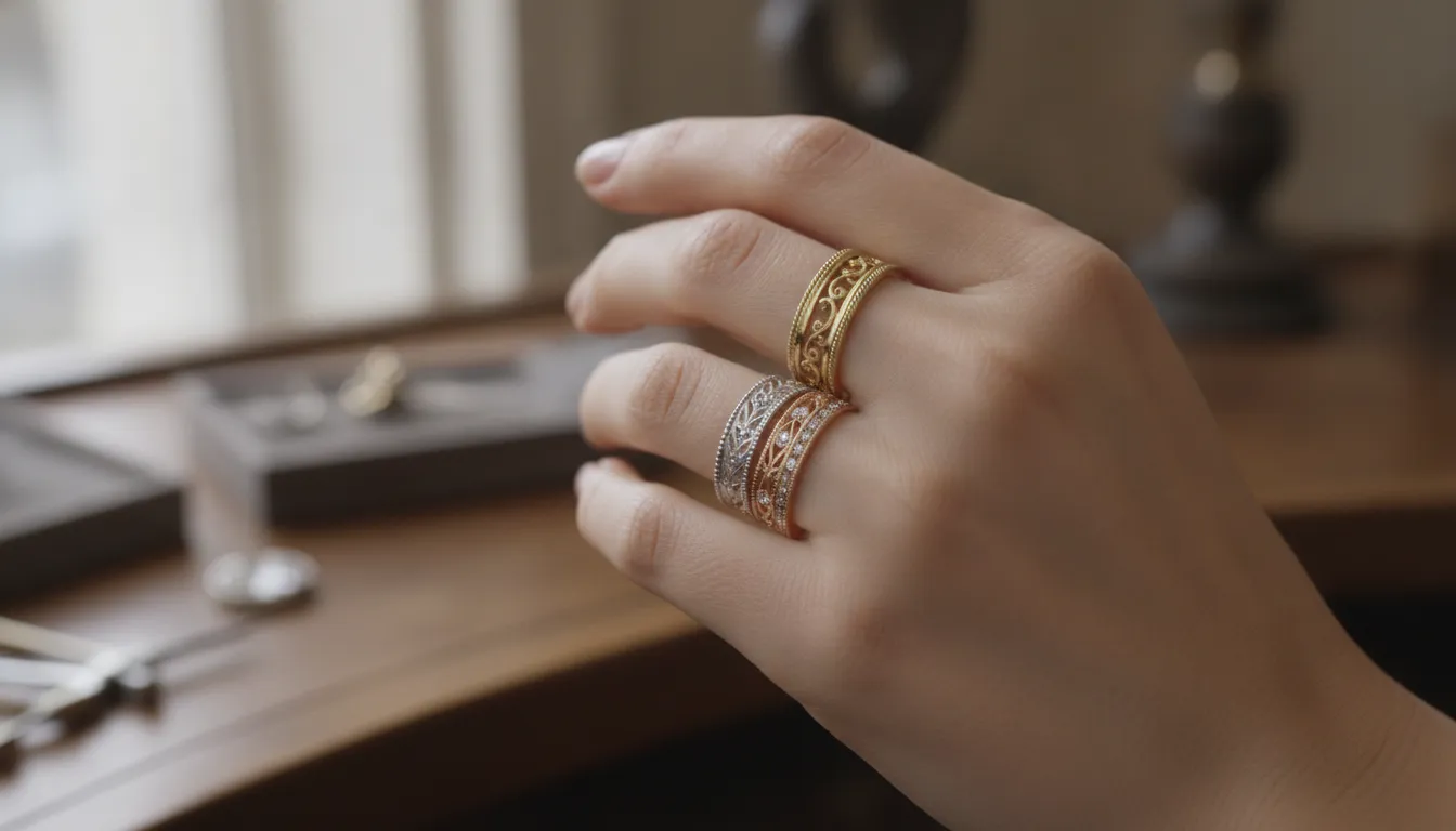 A hand wearing a stack of vintage stackable wedding rings in mixed gold tones with milgrain detail