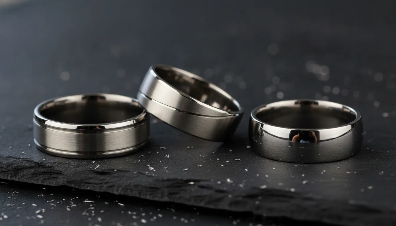Modern men's wedding bands in tungsten and titanium with brushed and polished finishes