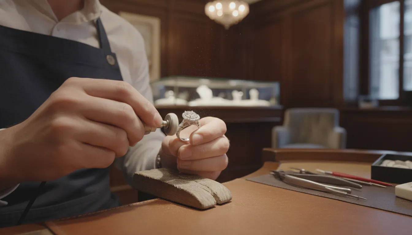Jeweler hand-polishing a custom engagement ring at Kravit Jewelers workbench in Oceanside