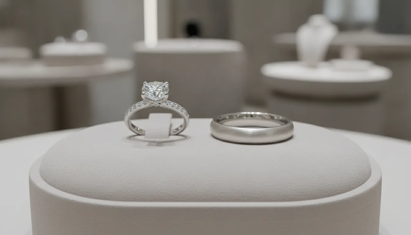 Jeweler comparing a white gold engagement ring and wedding band profiles