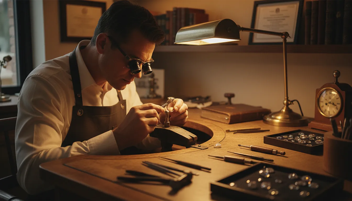 Jewelry repair near me consultation with a ring inspection at a jeweler workbench