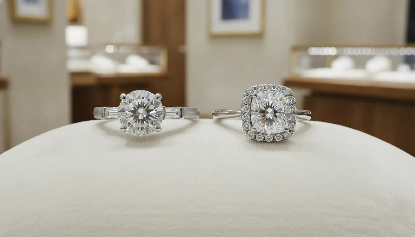 Platinum and white gold diamond engagement rings shown side by side for comparison