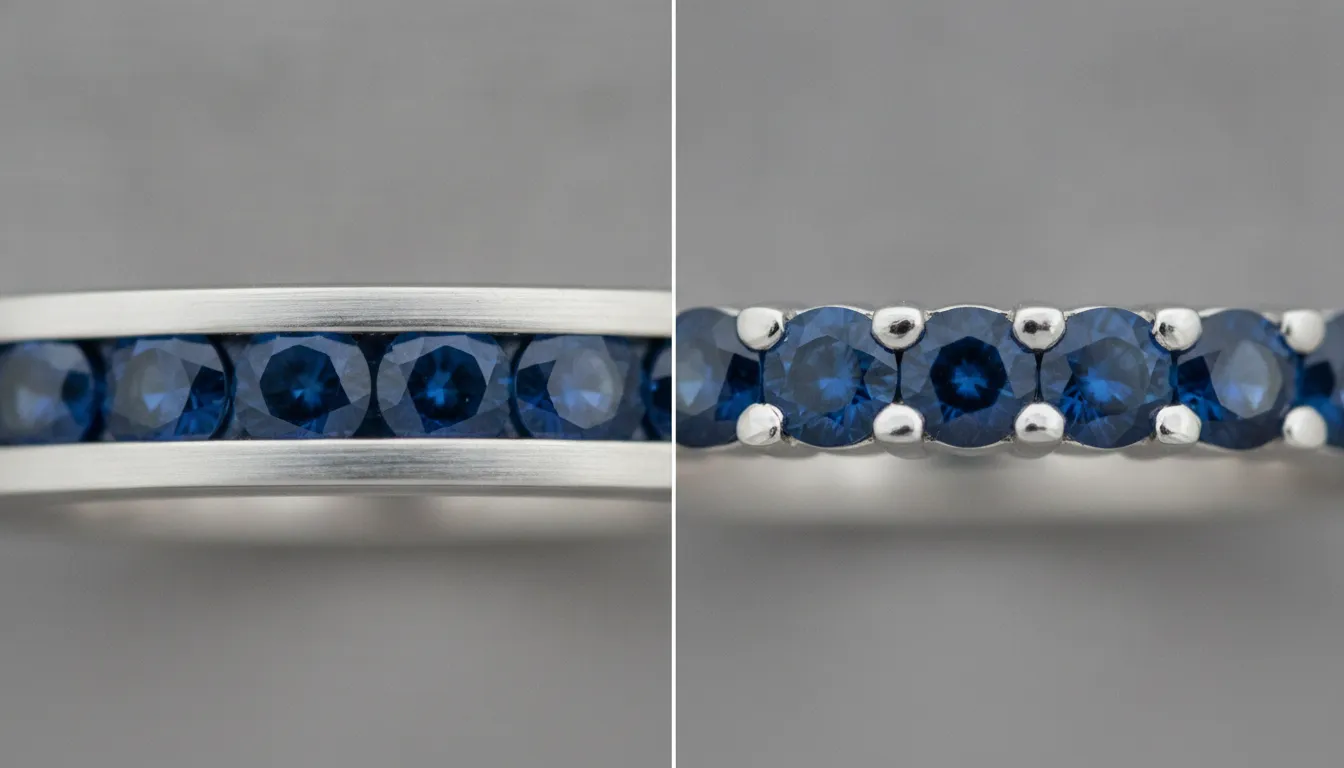 Comparison of channel setting and prong setting on a sapphire anniversary band showing different metal and gem arrangements