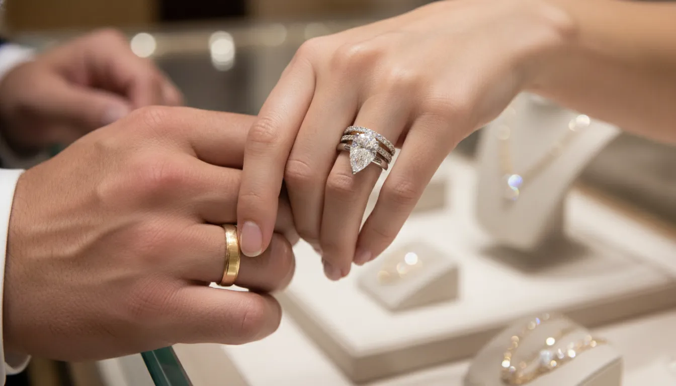 Diamond stacking anniversary band worn beside an engagement ring and wedding band