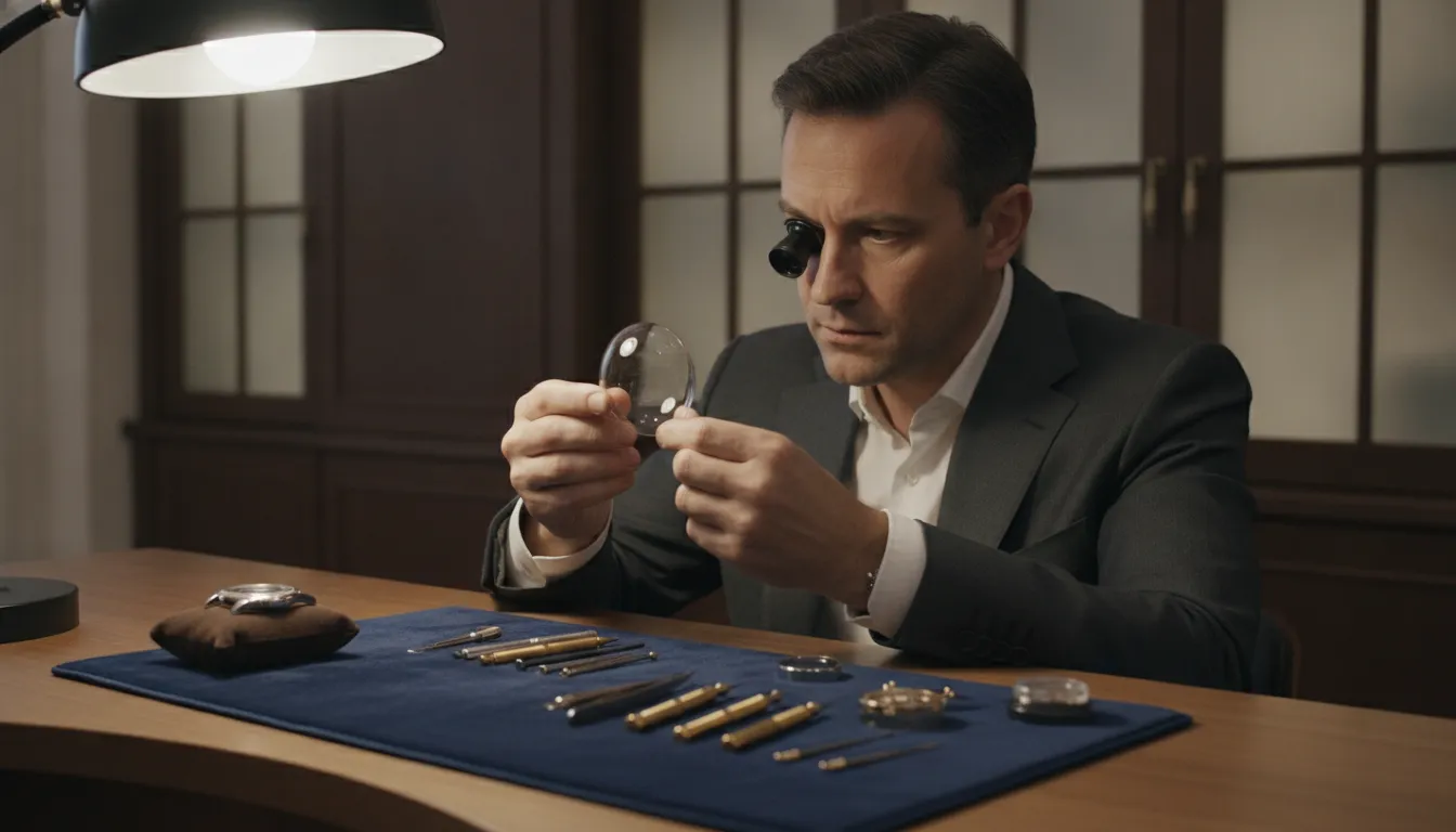 Watchmaker inspecting a crystal during a watch glass replacement cost assessment