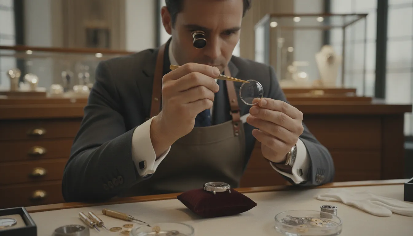 Watchmaker inspecting a sapphire crystal during a watch glass replacement cost estimate