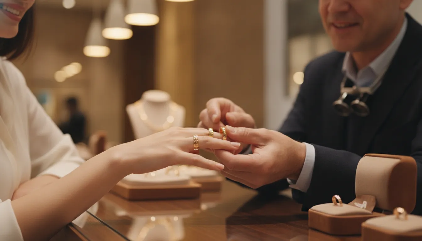 Couple comparing coordinated matching and complementary wedding band sets with a jeweler