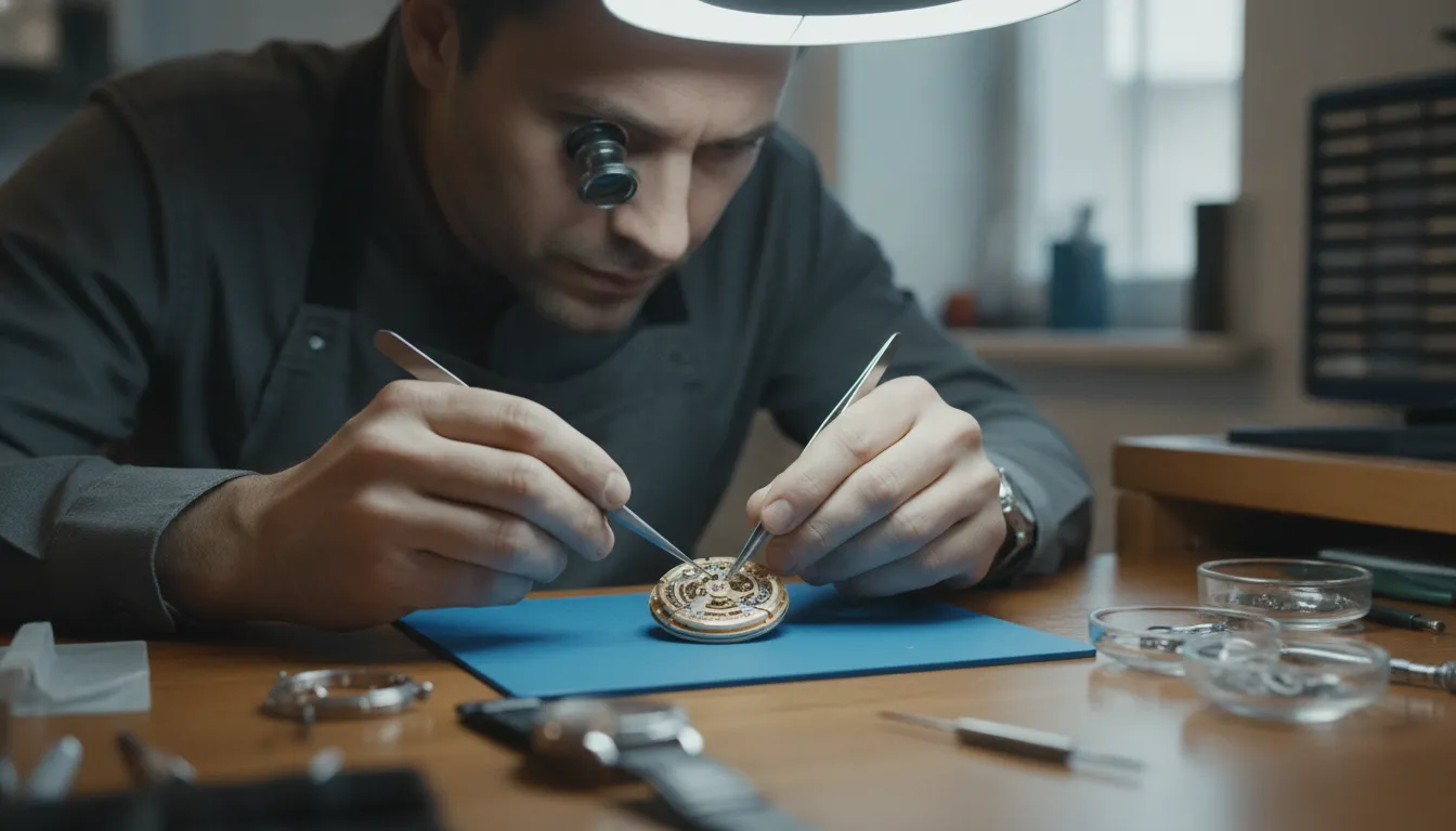 Swiss-trained watchmaker inspecting a luxury watch movement during a watch repair near me in Oceanside