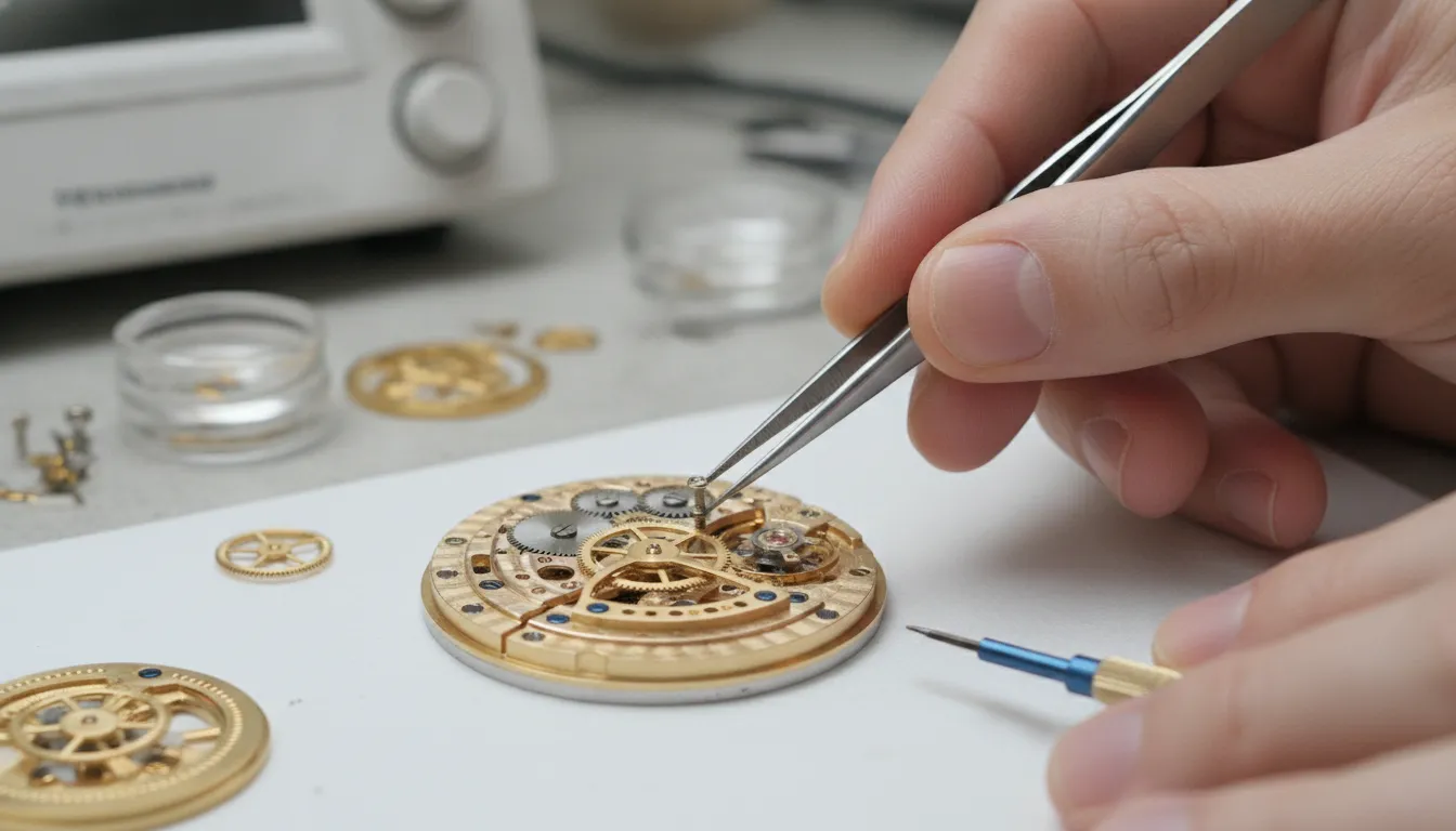Swiss-trained watchmaker servicing a Rolex caliber 3135 movement with precision tools at Kravit Jewelers