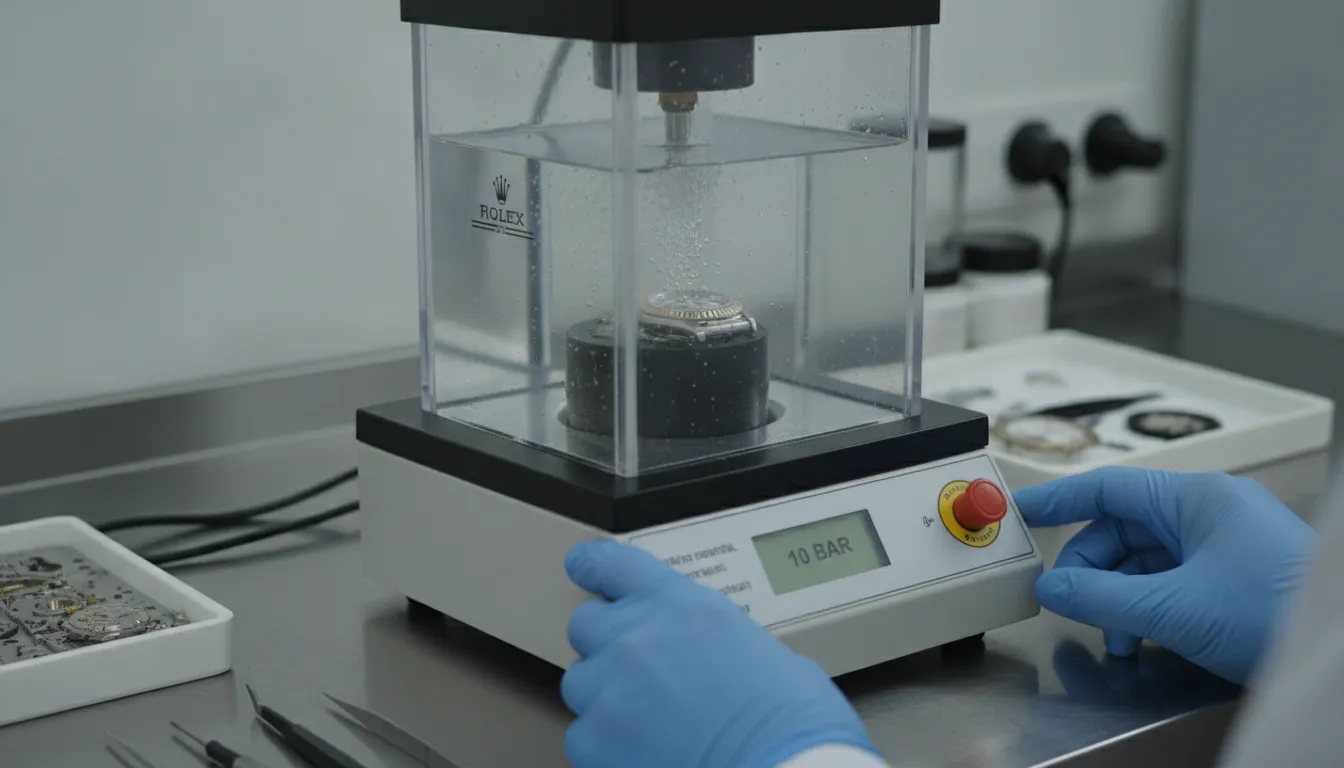 Rolex Oyster case undergoing water resistance pressure testing at Kravit Jewelers service center