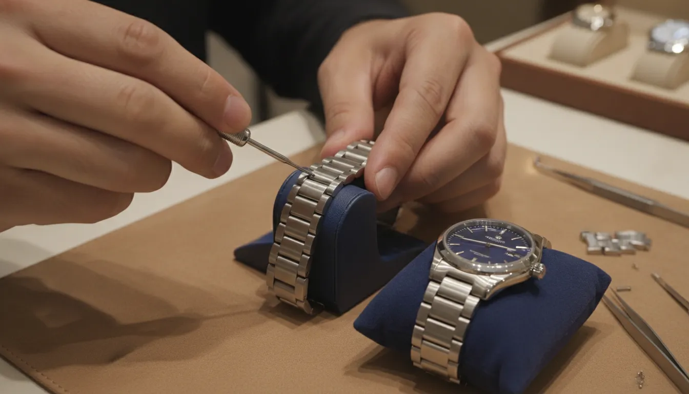 Jeweler adjusting a watch bracelet link before a watch repair near me service visit